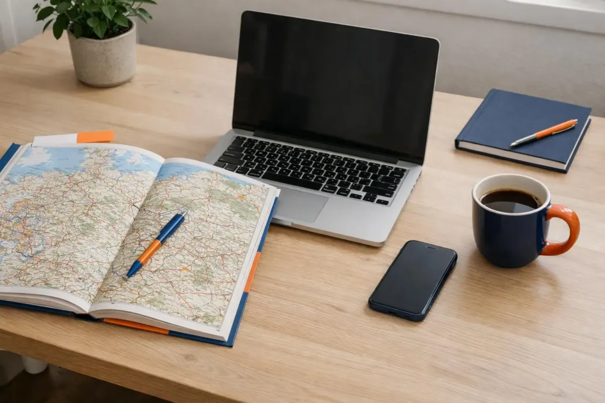 Voyageur utilisant un ordinateur portable pour comparer les prix de location de voitures avec un atlas routier allemand et un smartphone affichant des avis sur un bureau en bois, éclairage naturel avec une tasse de café à proximité.