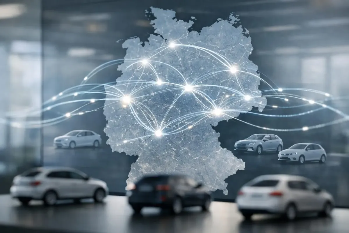 Visualisation numérique d'une technologie de comparaison de location de voitures montrant des flux de données reliant les agences de location à travers l'Allemagne, interface technologique abstraite avec des silhouettes de véhicules et des schémas de flux de données, esthétique technologique moderne sans texte ni ét