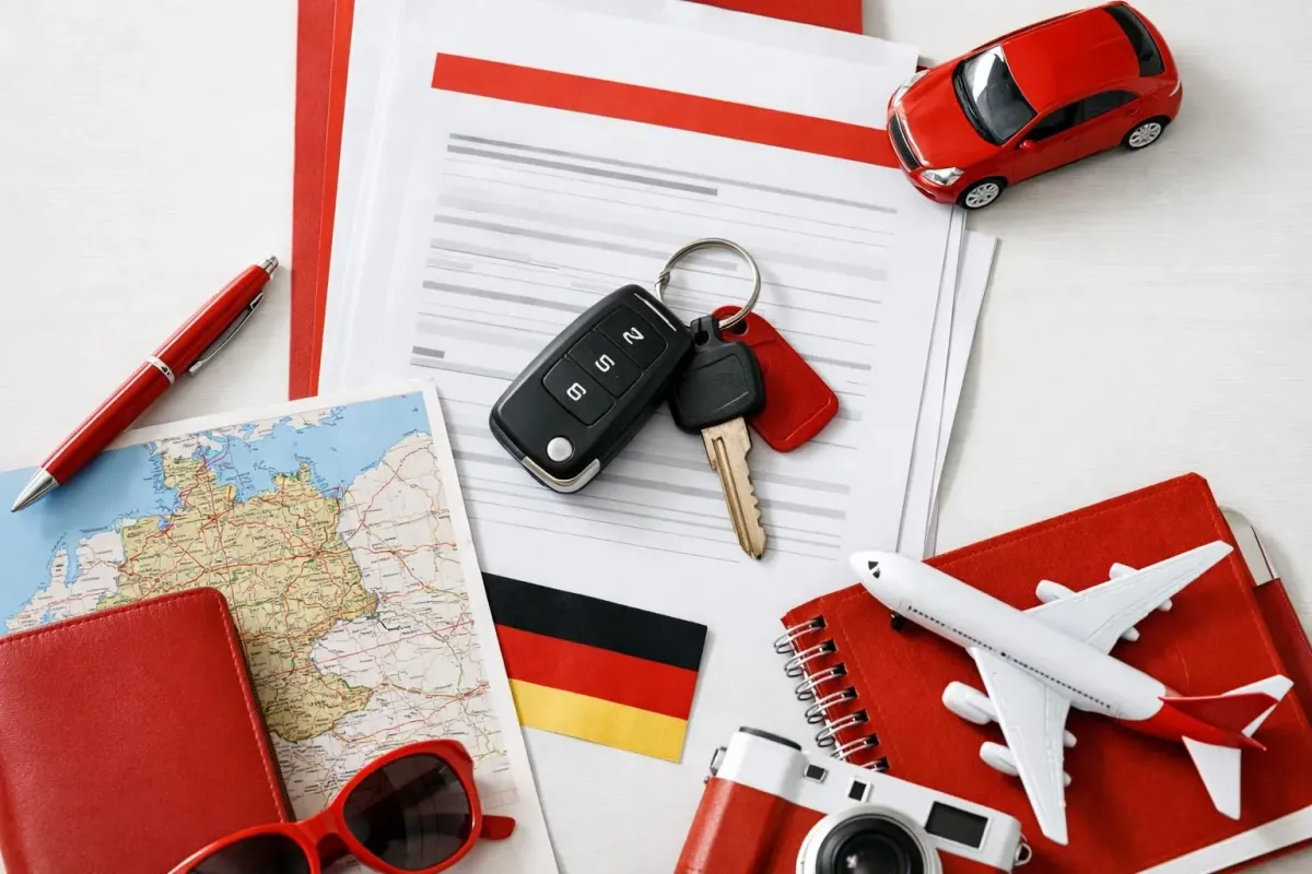 Accessoires de voyage : carte, clés de voiture, lunettes de soleil, modèle d'avion et papeterie rouge.