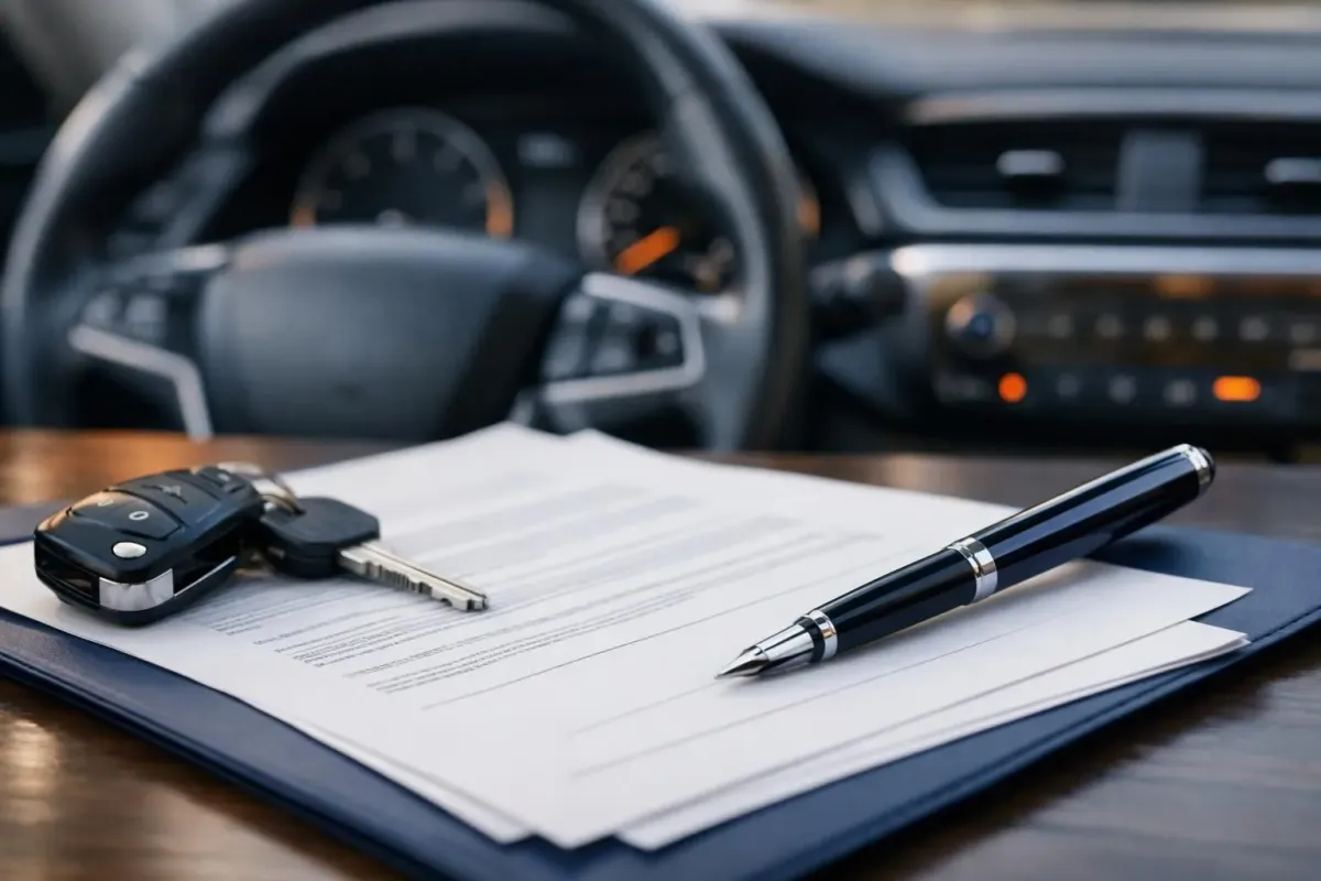 Intérieur de voiture avec documents, stylo et clés de voiture.