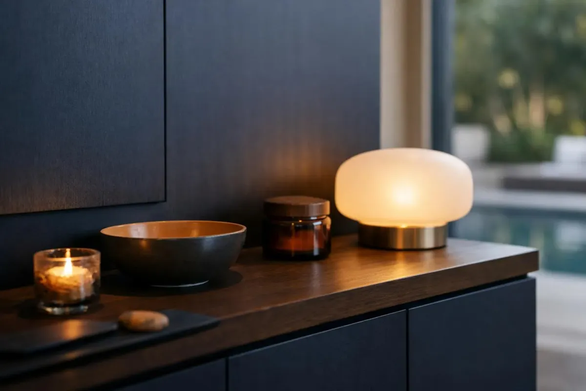 Une table de chevet chaleureuse avec une bougie, une lampe et des objets décoratifs.