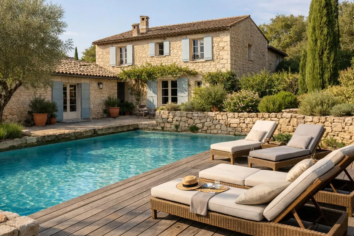Une villa élégante de campagne française avec une piscine privée cristalline, des transats confortables sur une terrasse en bois, entourée de murs de pierre et de végétation méditerranéenne, sous la douce lumière de l'après-midi.