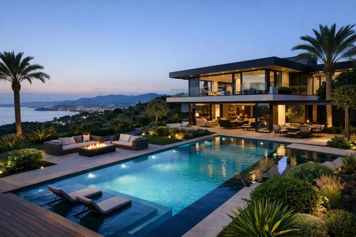 Villa moderne de luxe avec piscine, terrasse et vue panoramique sur les montagnes.