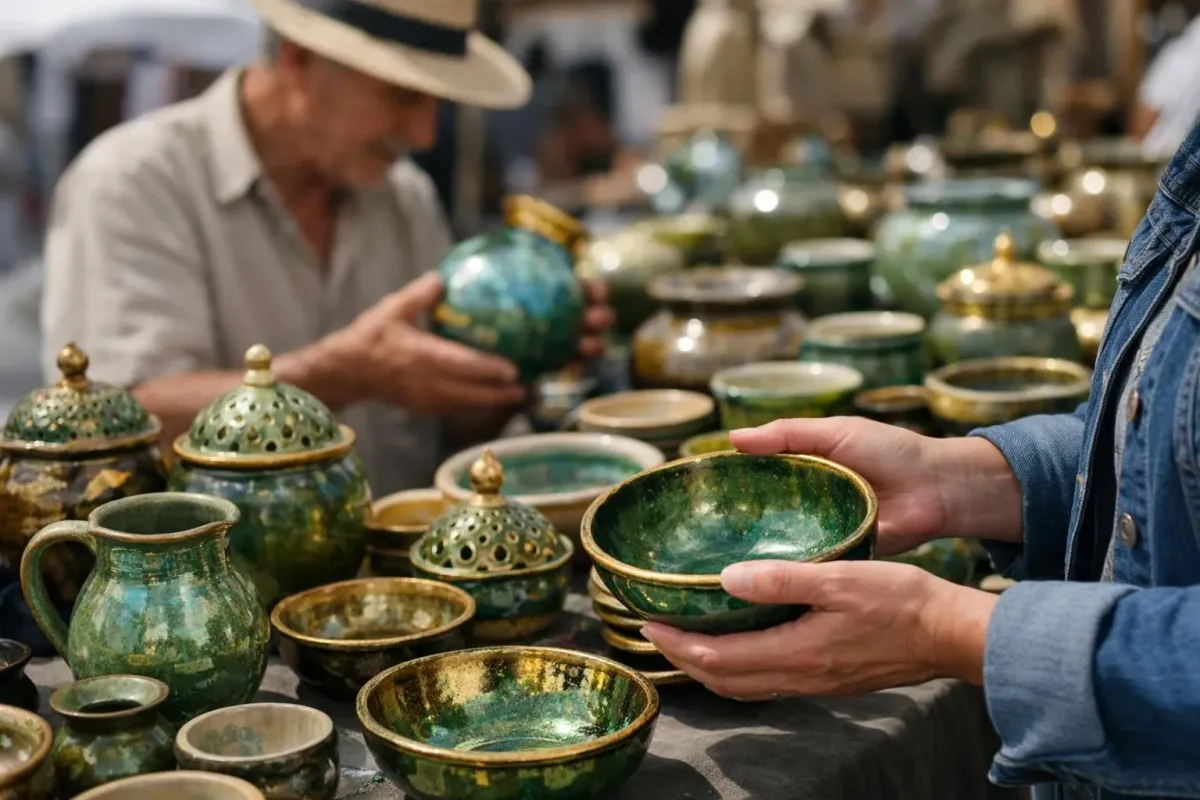 Des poteries et bols en céramique colorés exposés sur un marché.