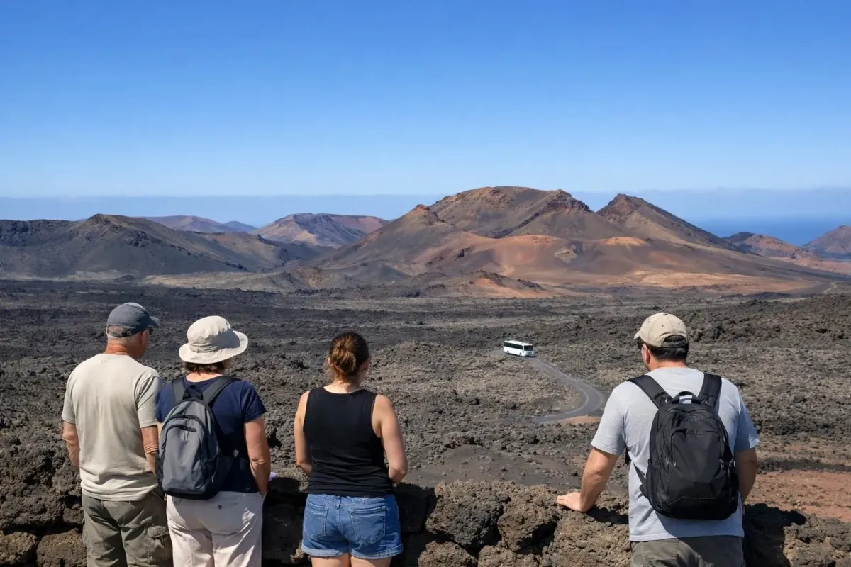 Paysage volcanique du parc national de Timanfaya avec roches de lave noires et rouges, cratères multiples, bus de touristes au loin, ciel bleu vif, formations géologiques spectaculaires, visiteurs observant le panorama.