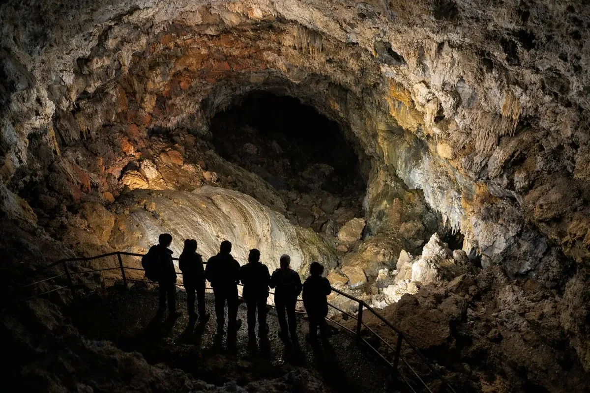 Un groupe de personnes explorant une grotte sombre avec des formations rocheuses.