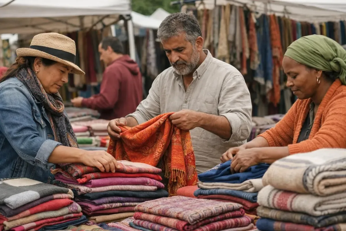 Textiles vibrants, vendeurs variés, scène animée de marché extérieur.