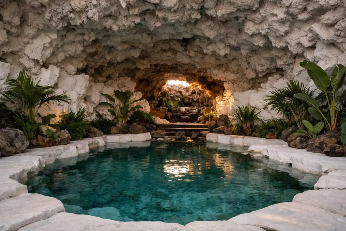 Piscine souterraine sereine entourée d'une végétation tropicale luxuriante et d'une grotte rocheuse.