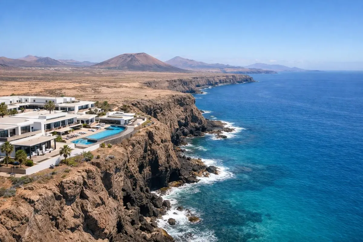 Paysage côtier époustouflant avec des bâtiments blancs, un océan bleu et des montagnes volcaniques.
