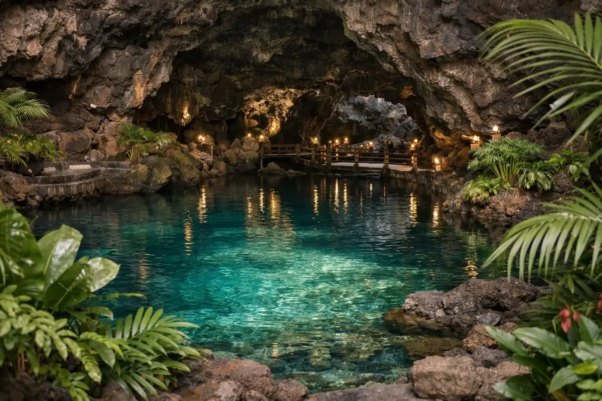 Intérieur de grotte volcanique souterraine avec lagon turquoise cristallin, éléments architecturaux blancs intégrés aux parois de lave noire, palmiers tropicaux poussant de la pierre, éclairage artistique ambiant créant des reflets sur l'eau, formations rocheuses naturelles avec