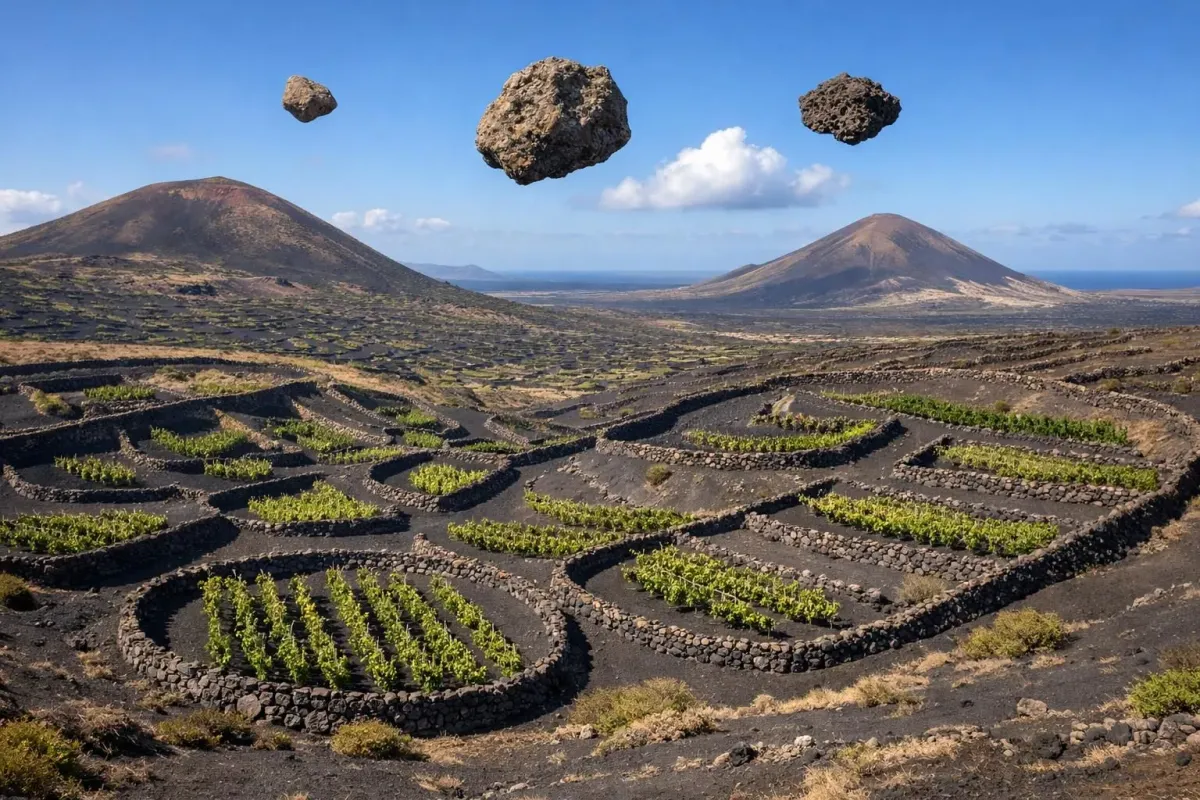 Paysage volcanique avec des rochers flottants, des vignobles et des montagnes lointaines.
