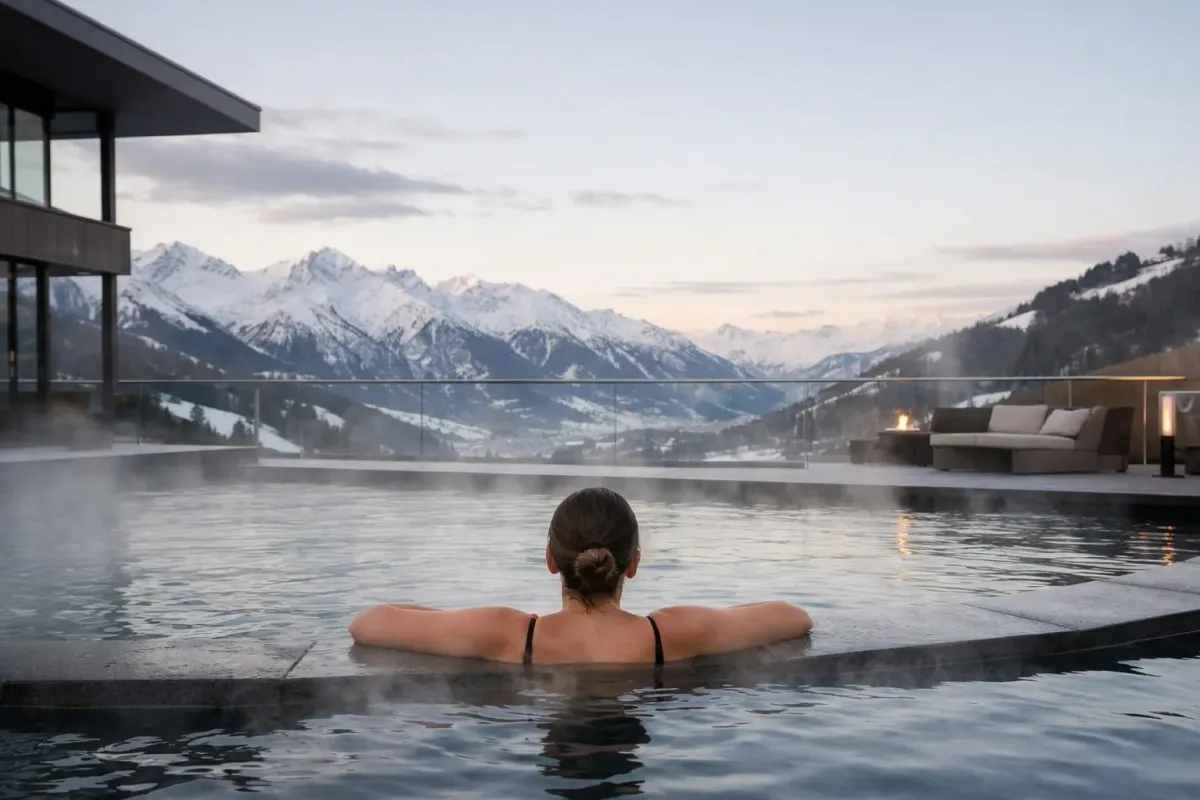 Une personne se détendant dans une piscine à débordement entourée de montagnes enneigées.