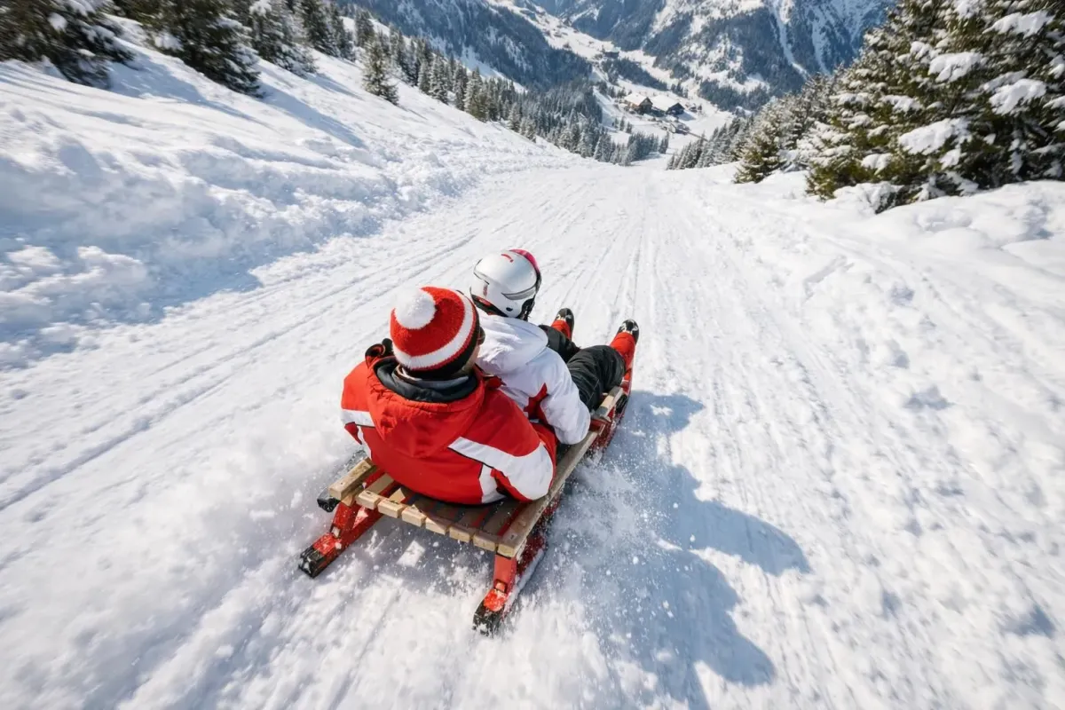 Quelqu'un en costume de Père Noël glissant sur un traîneau dans une pente enneigée.