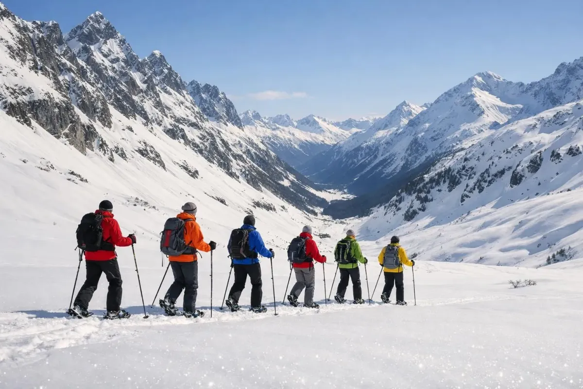 Groupe de raquetteurs traversant un terrain enneigé alpin vierge avec des sommets montagneux dramatiques à l'arrière-plan, portant des vestes d'hiver colorées et des bâtons, ciel bleu cristallin et neige ensoleillée, perspective paysagère large montrant l'éch