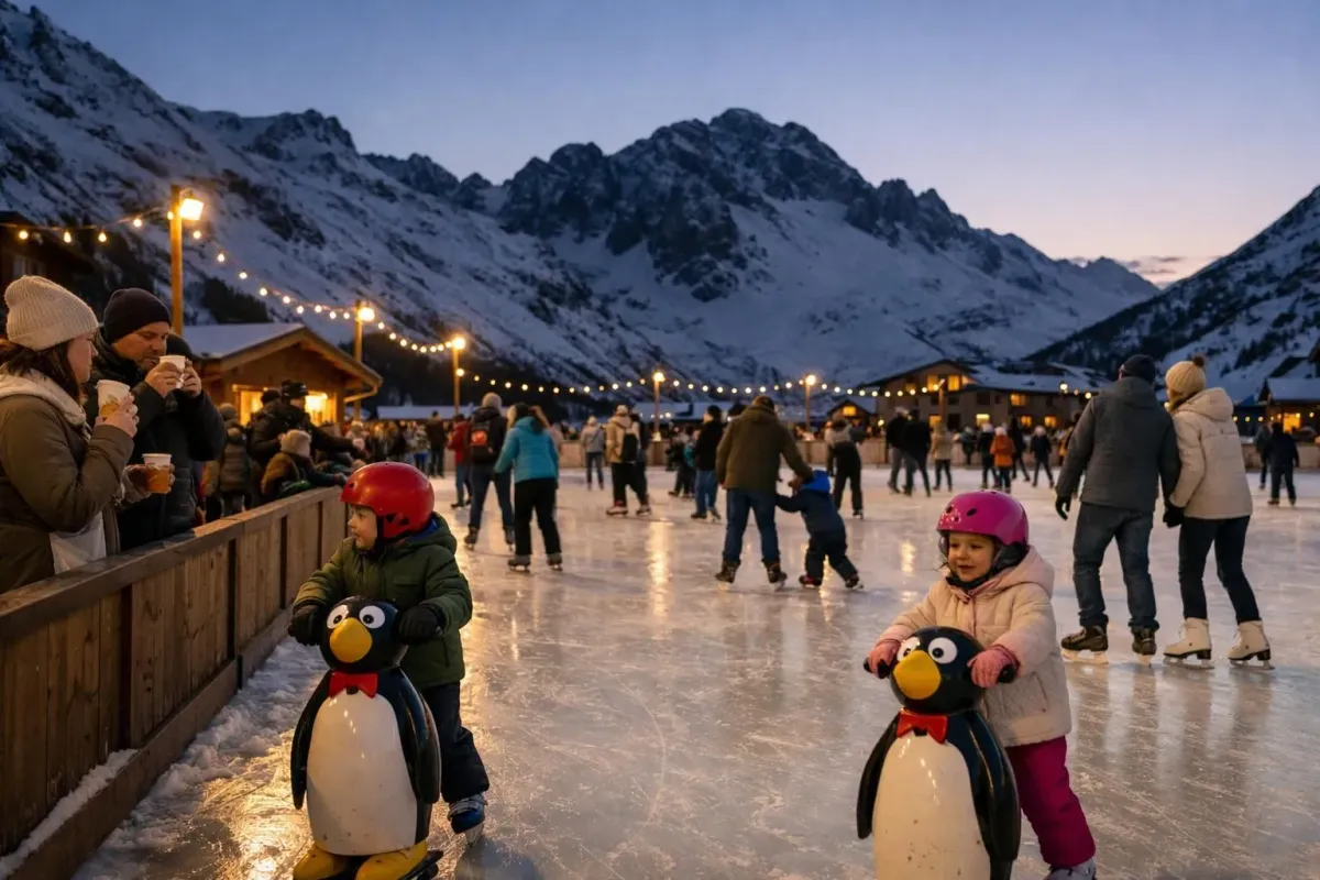 Patinoire olympique de plein air à Tignes-le-Lac au crépuscule avec des guirlandes lumineuses chaleureuses, des familles et des couples patinant ensemble, des enfants avec des aides à la patine en forme de pingouin, des sommets de montagne en silhouette à l