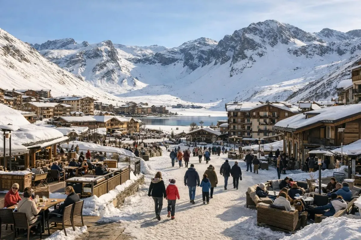 Vue panoramique de la station de Tignes en hiver, avec des visiteurs non-skieurs se promenant dans le village enneigé, des familles profitant des terrasses extérieures sous le soleil de l'après-midi.
