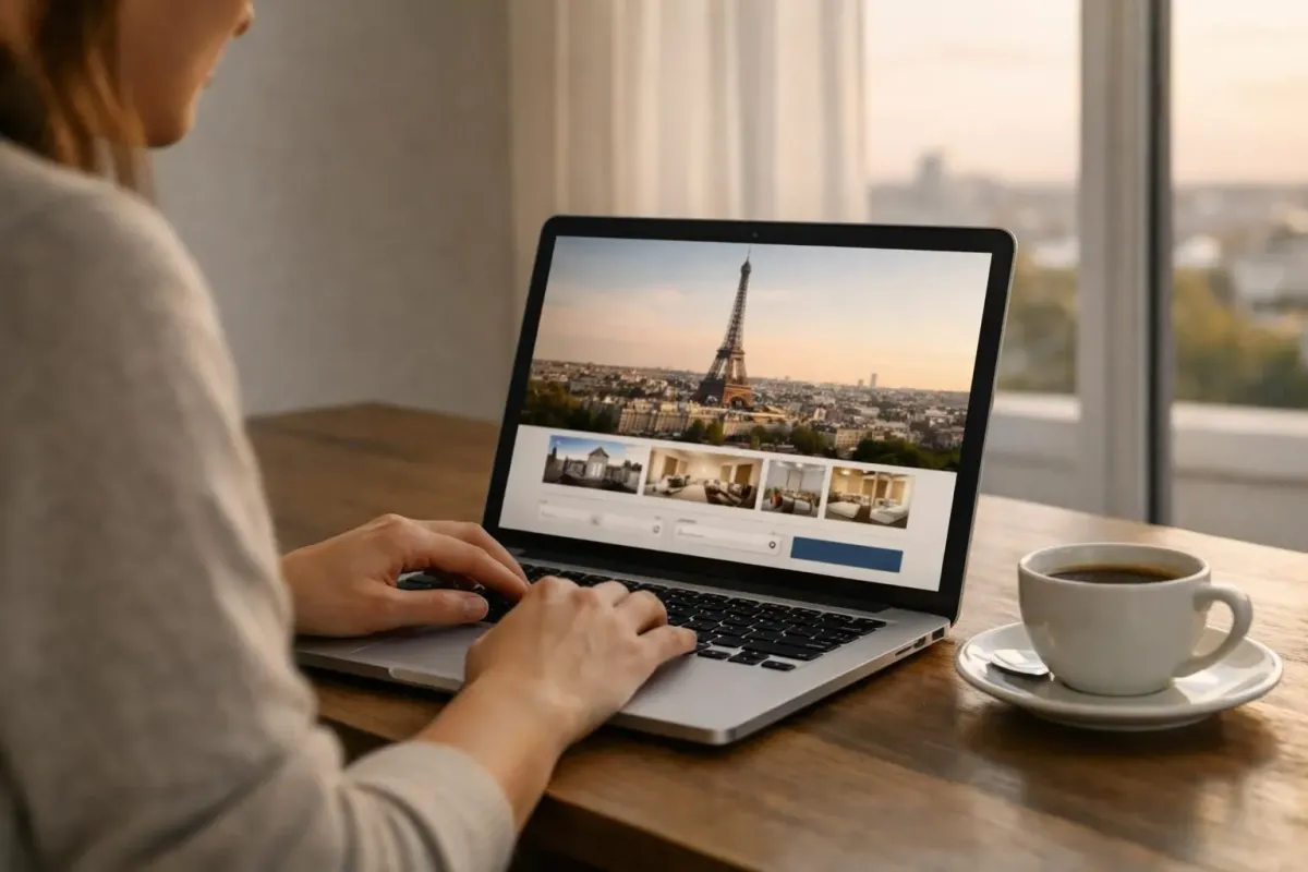 Un ordinateur portable affichant des images de Paris et d'une chambre d'hôtel, une personne utilisant un ordinateur.