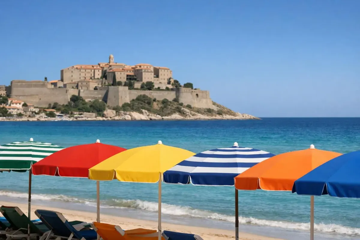Plage de sable fin méditerranéenne avec eaux turquoise cristallines, parasols colorés alignés sur le rivage, citadelle ocre perchée sur la colline en arrière-plan, terrasses de restaurants en bord de mer avec nappes blanches, ciel azur sans nuages, ambiance déjeuner estival décontracté, vue panoramique sur la baie