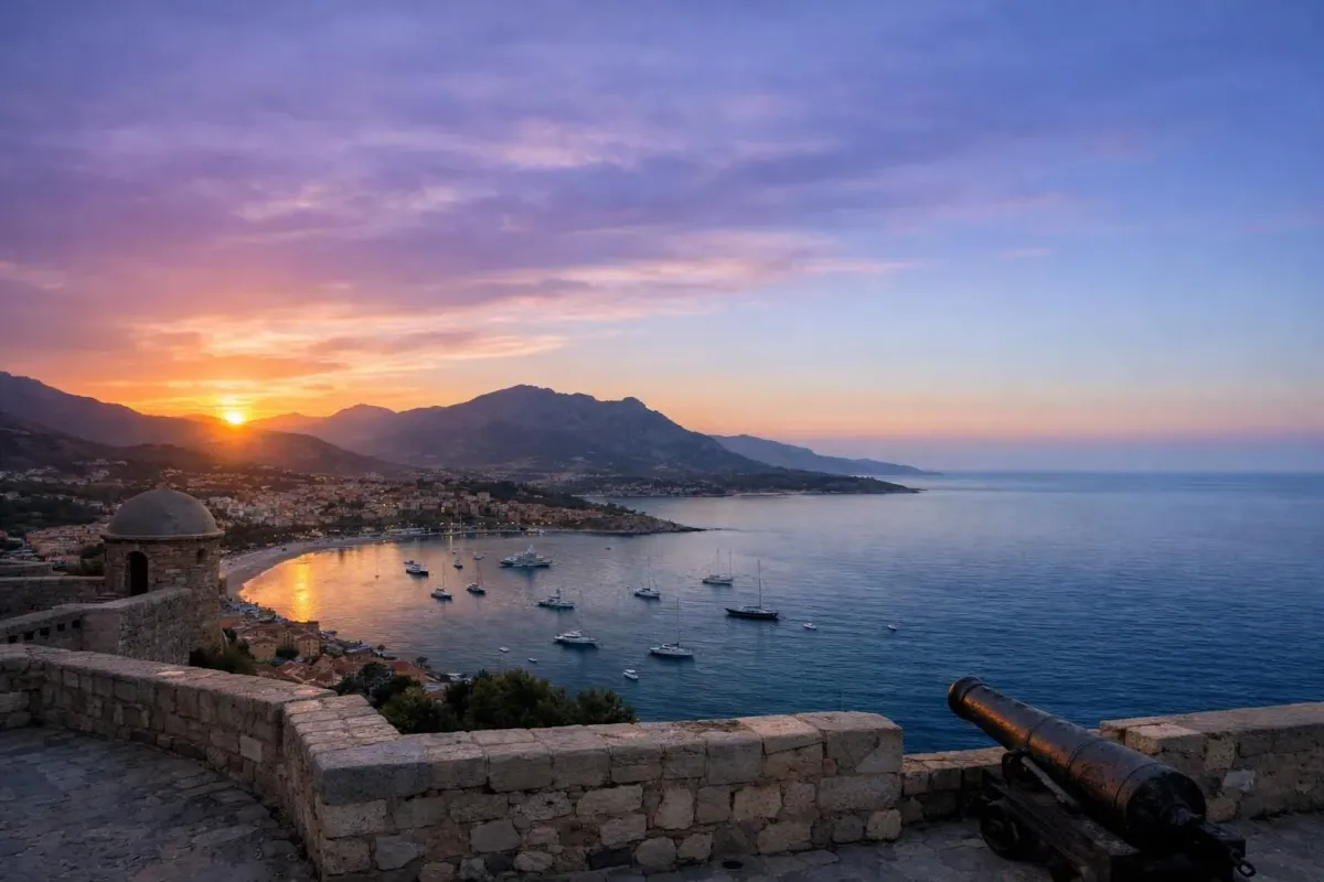 Un magnifique coucher de soleil côtier sur un port avec des voiliers.