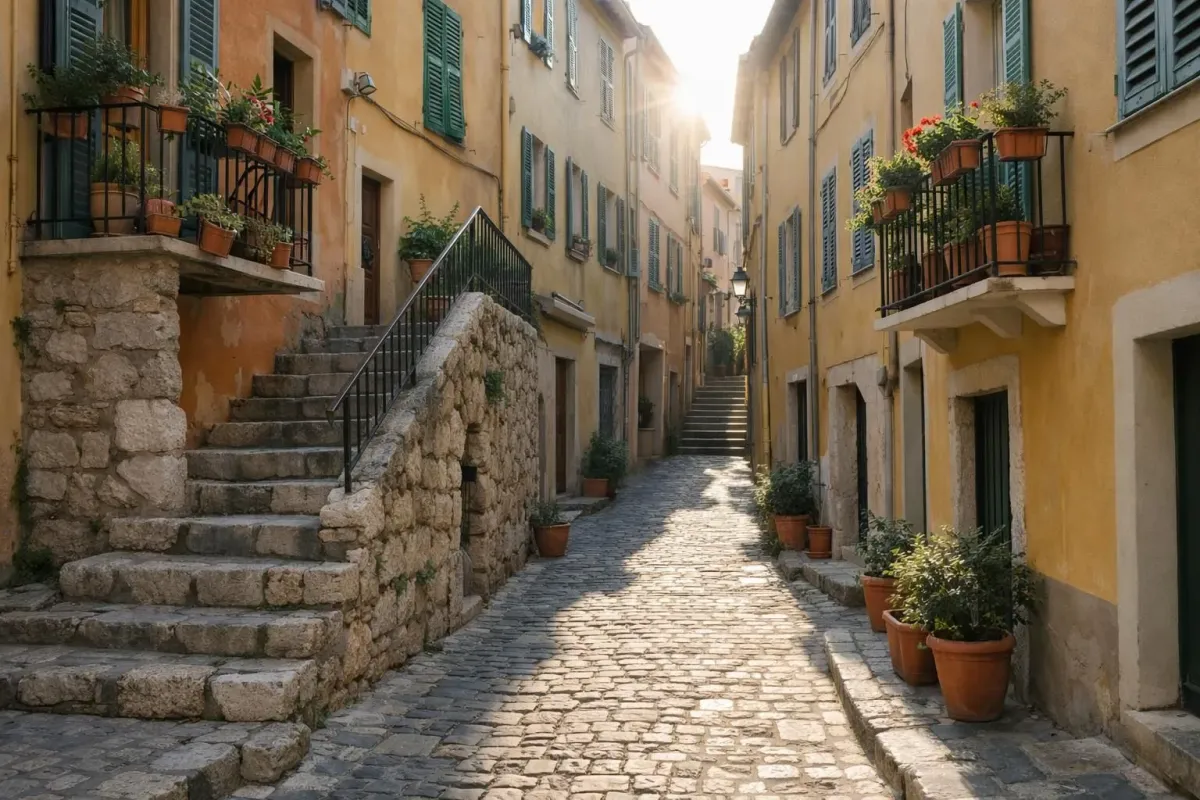 Rue pavée étroite dans la vieille ville de Villefranche-sur-Mer à l'heure dorée du matin, façades méditerranéennes ocre et jaune traditionnelles avec volets verts, escaliers de pierre, jardinières sur les balcons, lumière du soleil entre les bâtiments