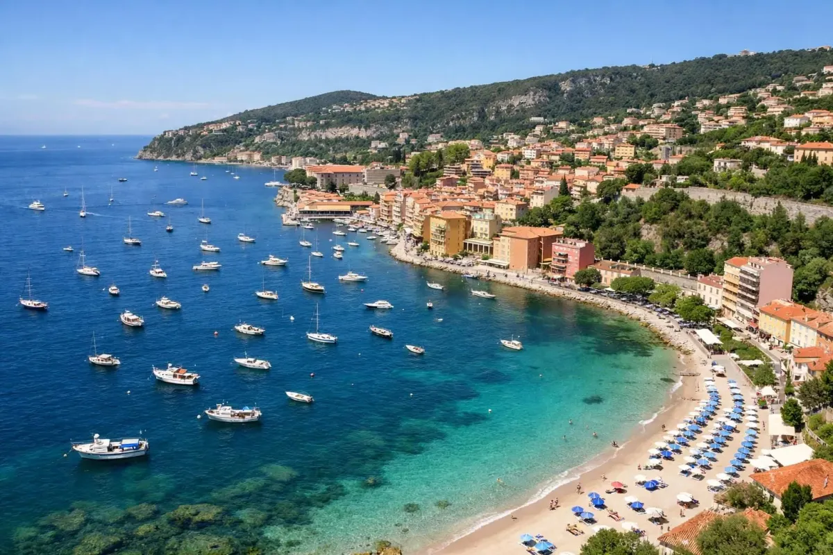 Vue aérienne de la baie de Villefranche-sur-Mer avec ses bâtiments méditerranéens colorés cascadant jusqu'au front de mer, petits bateaux de pêche amarrés dans les eaux turquoise, plage de sable avec parasols et architecture en terrasse aux toits de tu