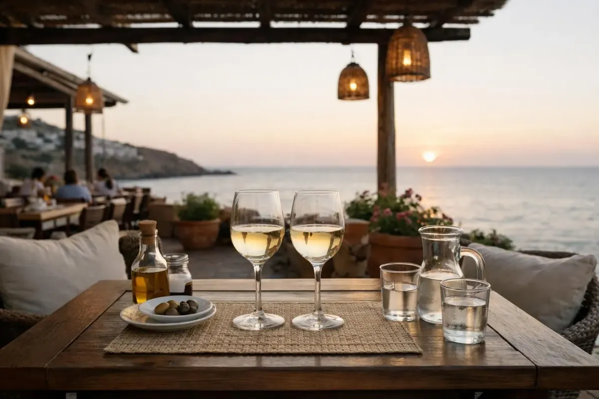 Vue du coucher de soleil, verres à vin, olives, terrasse de dîner extérieure confortable.