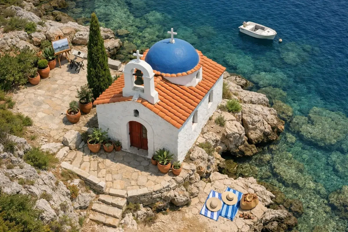 Une petite église orthodoxe grecque pittoresque surplombant une mer turquoise et tranquille.