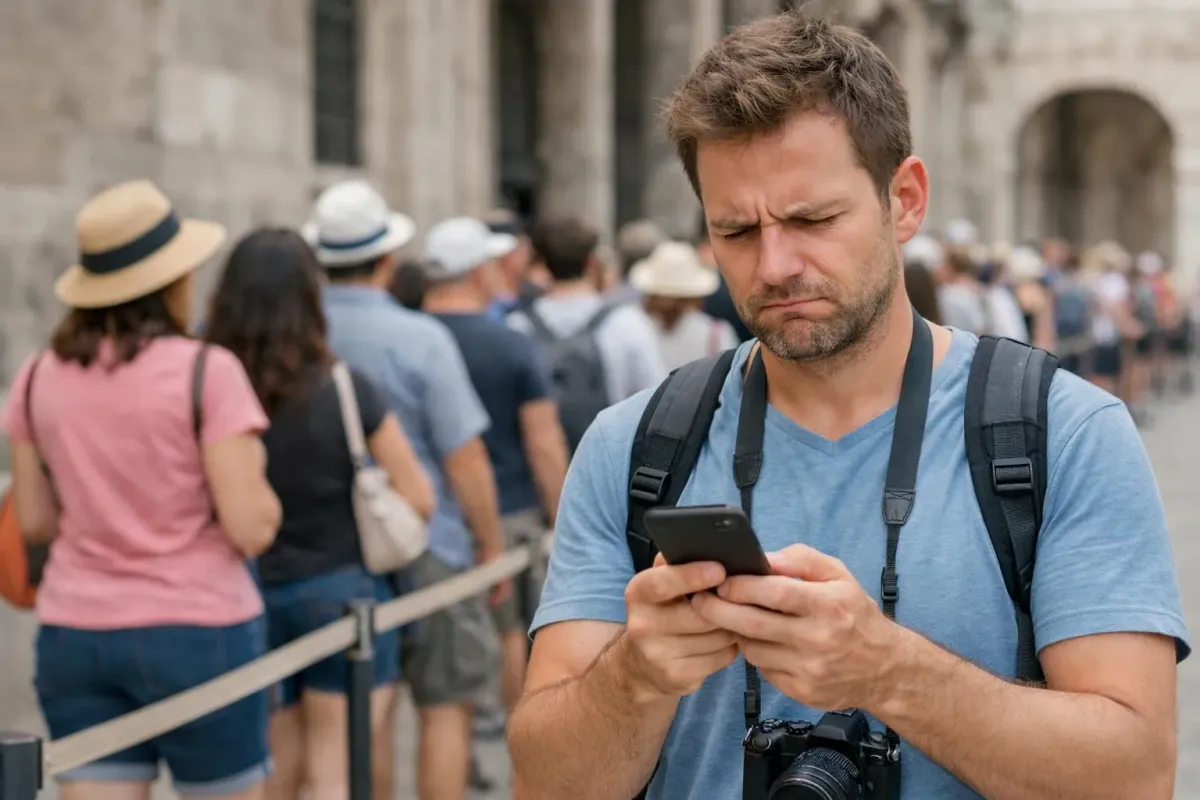 Touriste frustré devant l'entrée d'un monument romain antique, examinant l'écran de son smartphone montrant la confirmation de son billet, tandis que la file d'attente s'étend derrière lui.