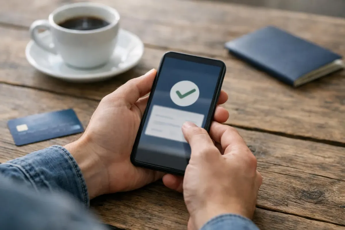 La main d'un voyageur tenant un smartphone affichant la confirmation de réservation de billet sur une table en bois rustique, avec une tasse de café et un passeport en arrière-plan.