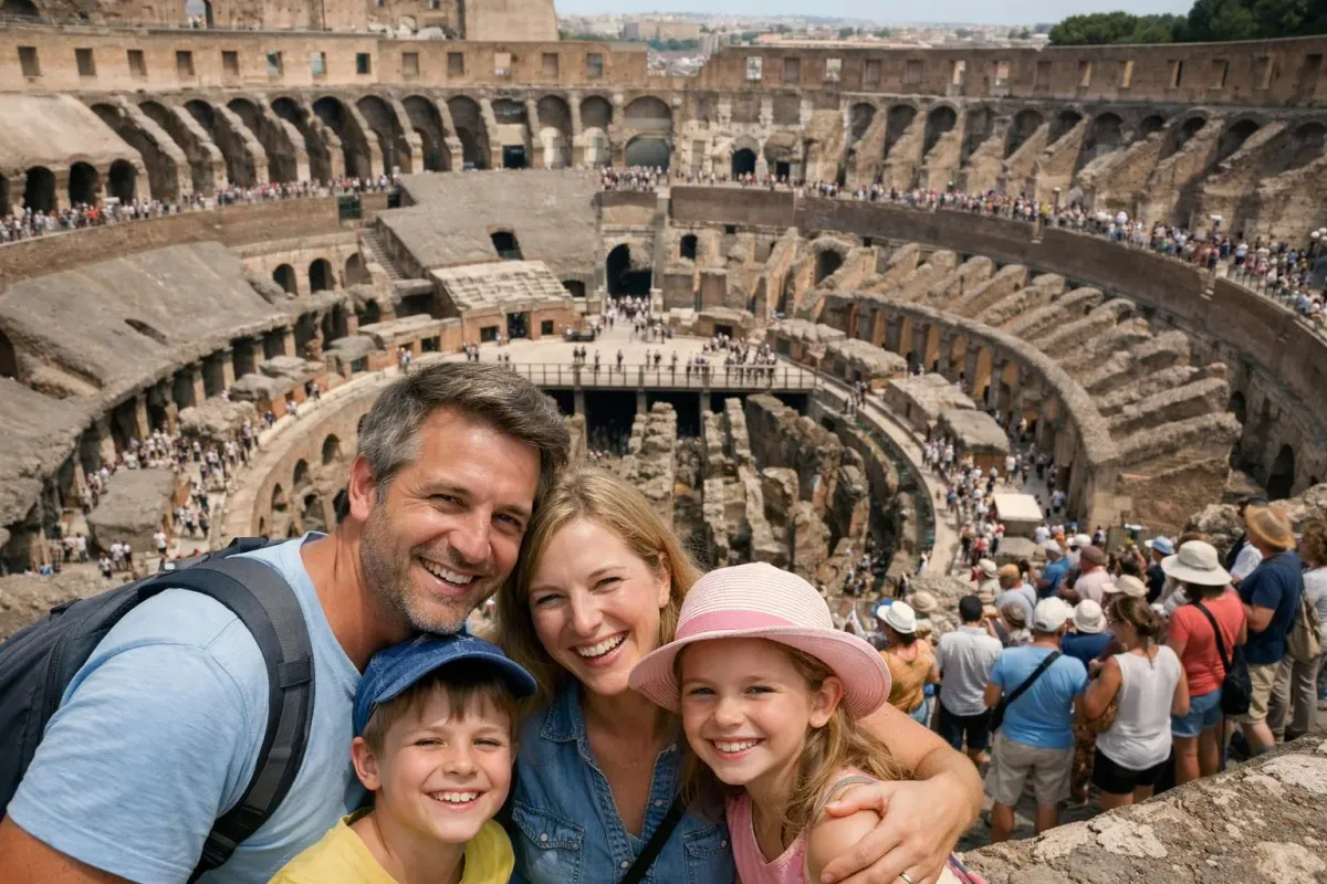 Une famille de quatre personnes souriante devant le Colisée à Rome.