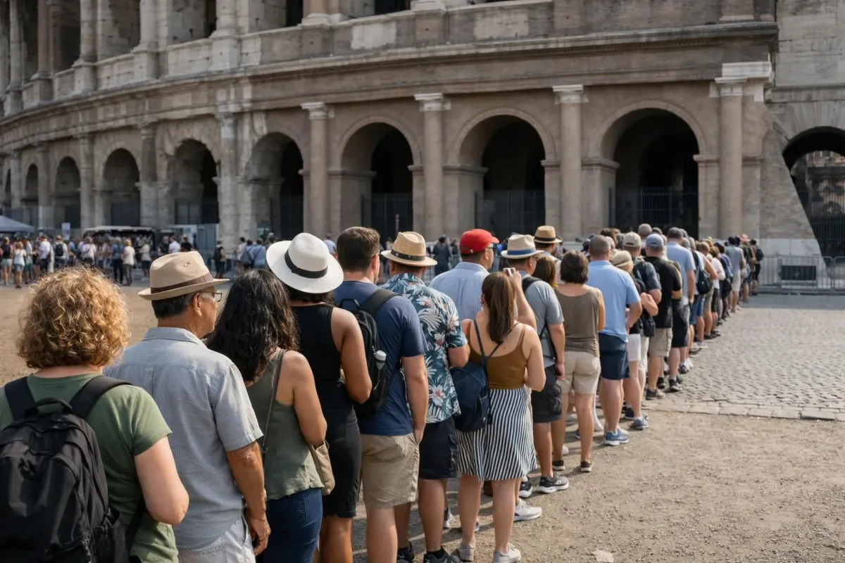 Une longue file d'attente de touristes diversifiés devant le Colisée de Rome par une journée ensoleillée, avec les arches et les colonnes de pierre ancienne en arrière-plan.