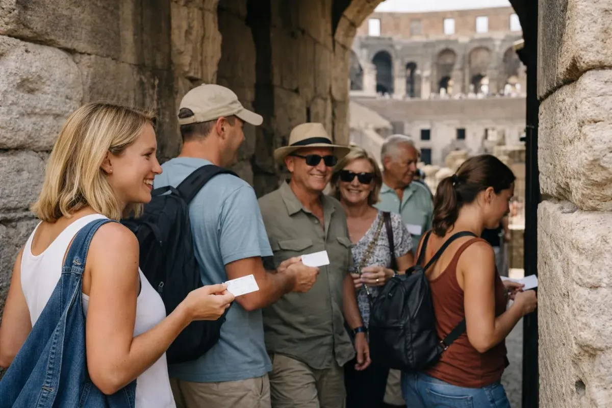 Un groupe de touristes explorant une ancienne structure romaine.