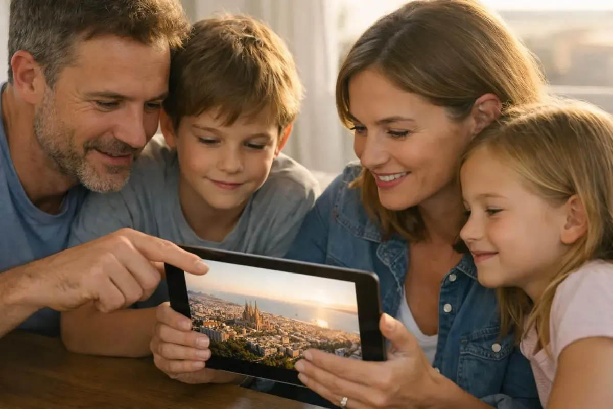 Une famille admirant un paysage urbain sur une tablette.
