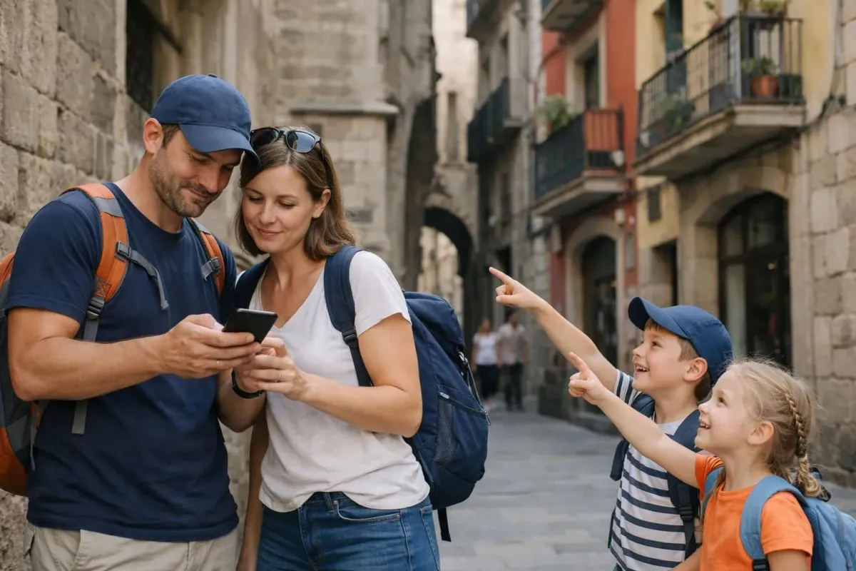 Une famille avec de jeunes enfants explore les rues du quartier gothique de Barcelone, les parents vérifient une application sur leur smartphone tandis que les enfants pointent avec excitation les bâtiments colorés, sacs à dos et vêtements de voyage décontractés, sous la lumière chaude de la Méditerranée