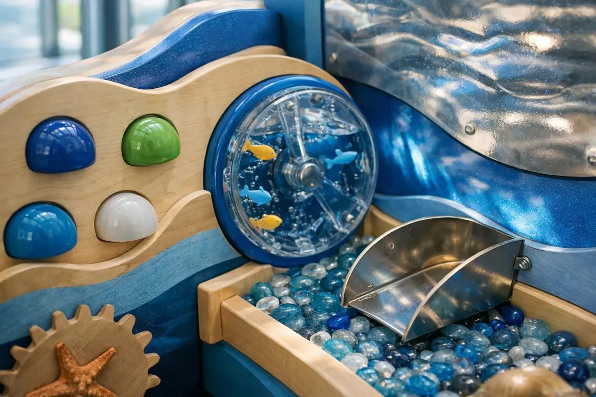 Un jouet en bois coloré avec un dôme rempli d'eau et de galets décoratifs.