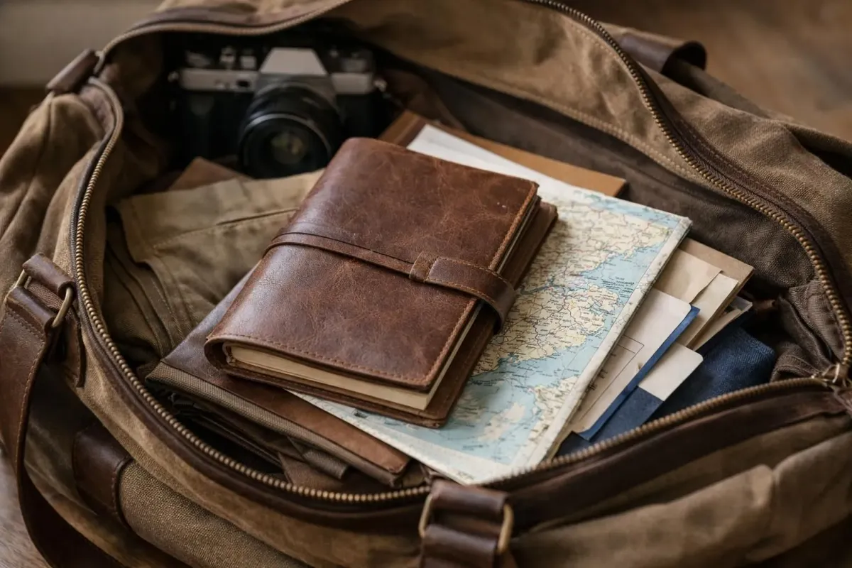 Un sac de voyage en cuir, un appareil photo, une carte et un journal.