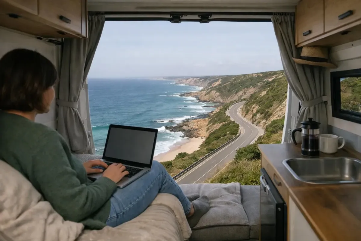 Une route côtière pittoresque, un voyageur équipé d'un ordinateur portable, l'intérieur douillet d'un camping-car.