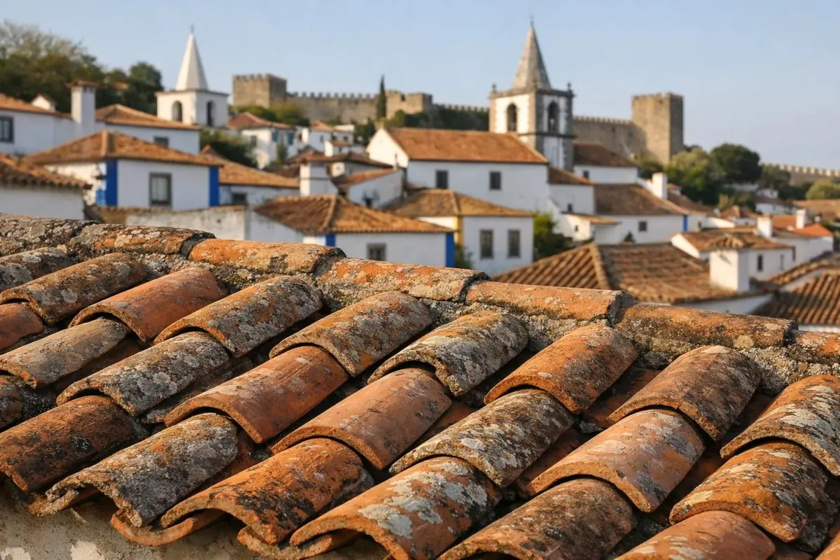 Village médiéval fortifié d'Óbidos au Portugal avec remparts blancs immaculés, toits de tuiles orangées traditionnelles, ruelles pavées étroites typiques, van aménagé stationné en contrebas des murailles, lumière douce de fin d'après-midi, architecture portugaise authentique, ambiance voyage en liberté