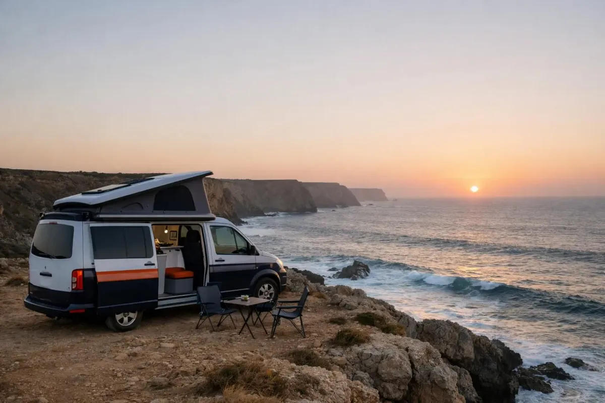 Van aménagé blanc stationné face à l'océan Atlantique sur une falaise rocheuse, coucher de soleil orange sur les vagues de la côte sauvage de l'Algarve au Portugal
