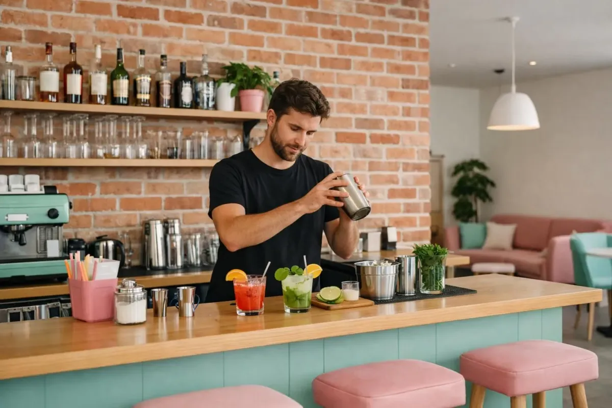 Bartender preparing cocktails in a cozy, brick-walled cafe setting.