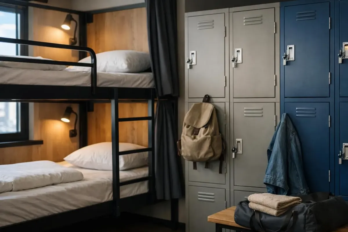 Bunk beds, lockers, backpack, towels in a dormitory-style room.