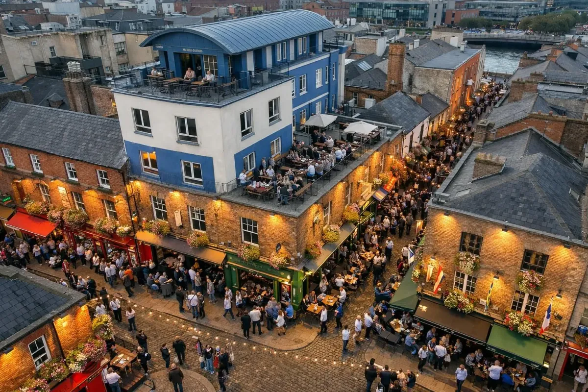 Bustling outdoor dining area in a historic European city.