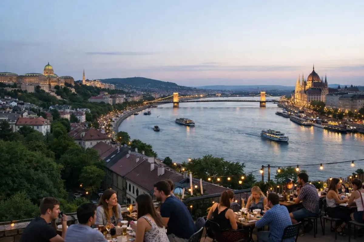 Vue divisée des quartiers de Budapest montrant le contraste entre le calme résidentiel de Buda avec ses rues verdoyantes et son architecture historique d'un côté, et le dynamique quartier de Pest avec ses terrasses de bars branchés, ses cafés animés et ses jeunes voyageurs socialisant sur les terrasses au