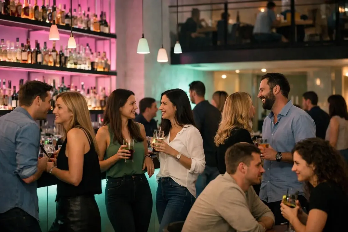 Une scène animée de bar avec des gens socialisant et savourant des boissons.