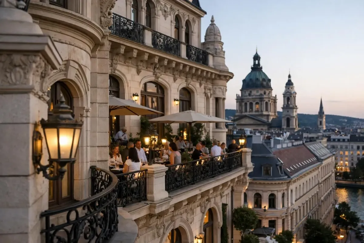 Vue panoramique de la promenade du Danube à l'heure dorée avec des cafés élégants et des passants, la coupole de la basilique Saint-Étienne visible à l'arrière-plan, façades d'hôtels boutiques modernes avec un éclairage chaleureux, voyageurs bien