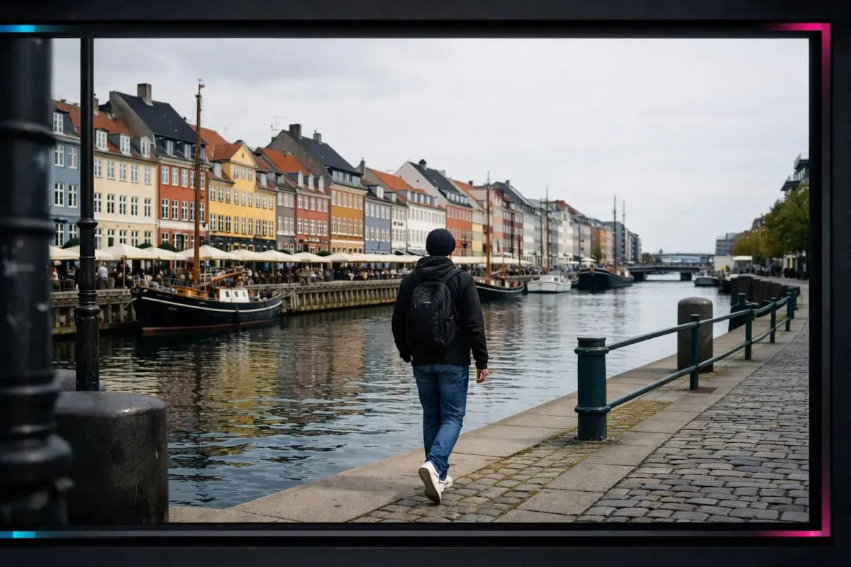 Des bâtiments historiques colorés, un canal, une personne marchant le long de la rive.