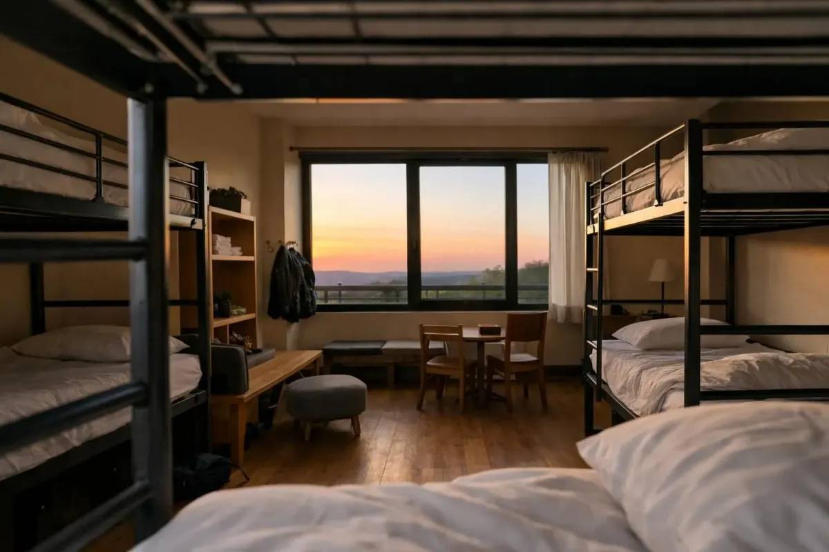 Dortoir douillet avec vue panoramique sur le coucher de soleil à travers de grandes fenêtres.