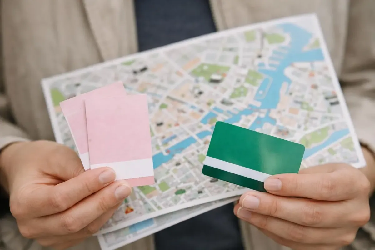 Carte de la ville, fiches roses, fiche verte, mains tenant des objets.