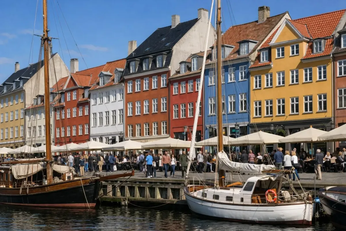 Quai de Nyhavn coloré avec bâtiments historiques et cafés en plein air, touristes se promenant le long du canal sous un ciel bleu, bateaux amarrés dans le port, style photographique réaliste reflétant l'atmosphère authentique de Copenhague.