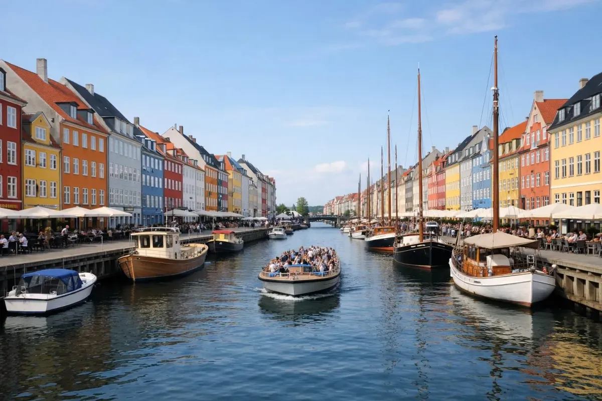 Des bâtiments historiques colorés, des bateaux et des gens profitant d'un canal en bord de mer.